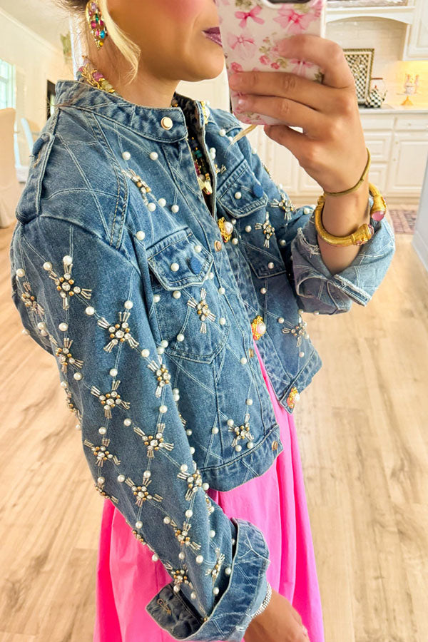 Pearl and Rhinestone Embellished Denim Jacket