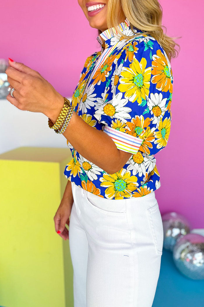 Multicolor Striped Floral Button Top