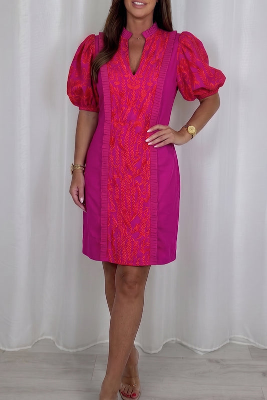 Fuchsia Ruffle Trim Puff Sleeve Dress