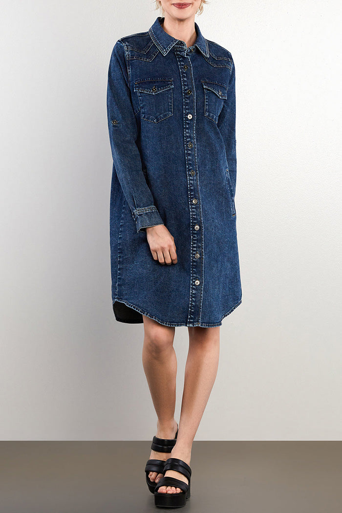 Button Front Pocketed Denim Shirtdress