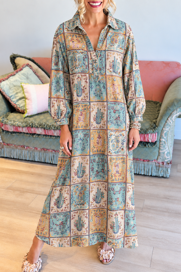 Vintage Cactus Tile Print Collar Chest Pockets Maxi Dress