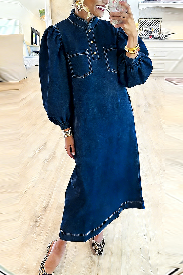 Mandarin Collar Bishop Sleeve Chest Pocket Denim Maxi Dress