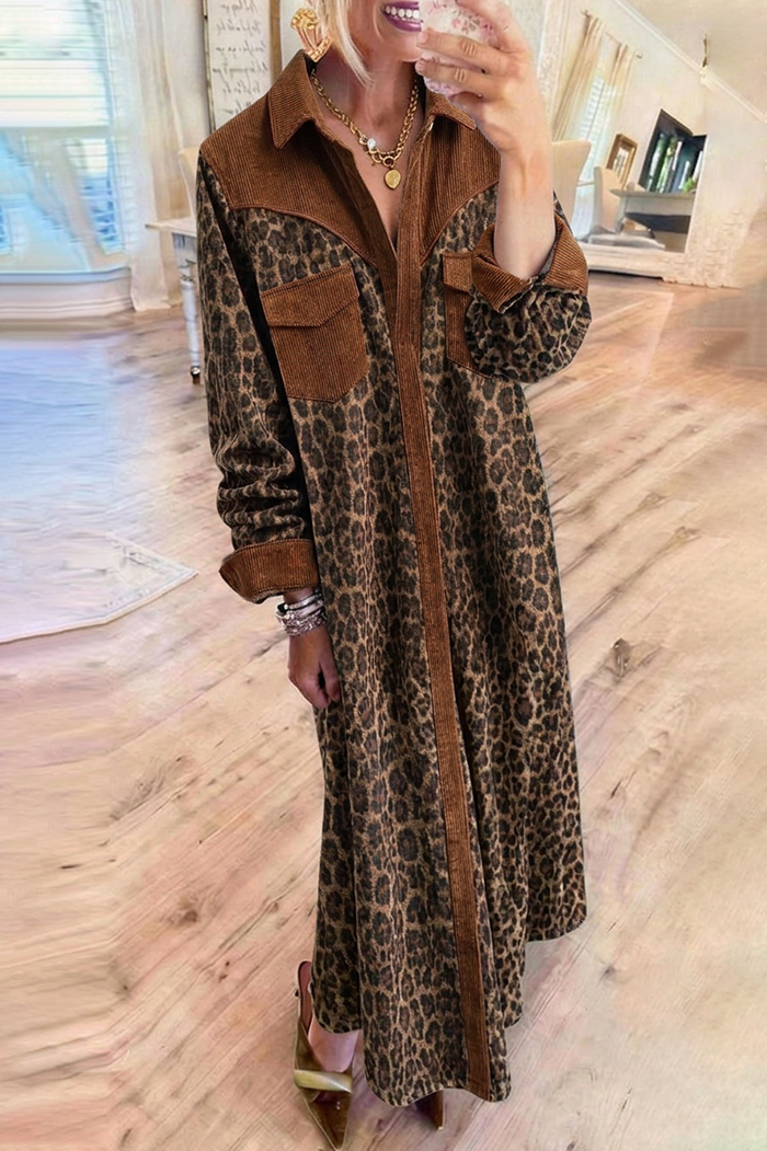Leopard Print Corduroy Patch Shirt Collar Maxi Dress