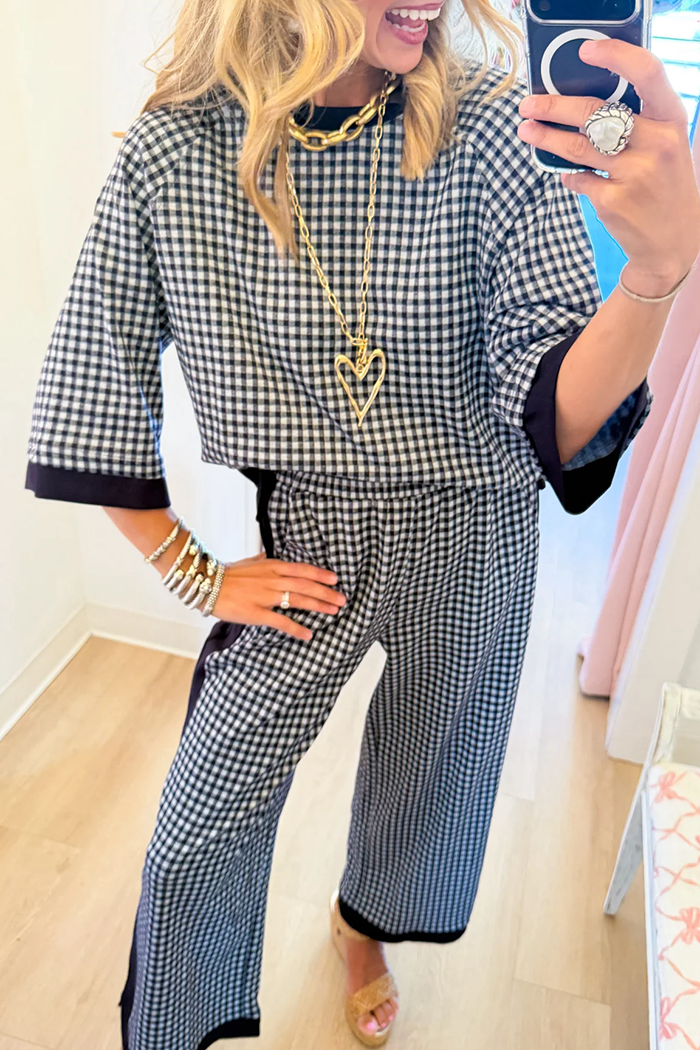 Navy Gingham 3/4 Raglan Sleeve Pant Set