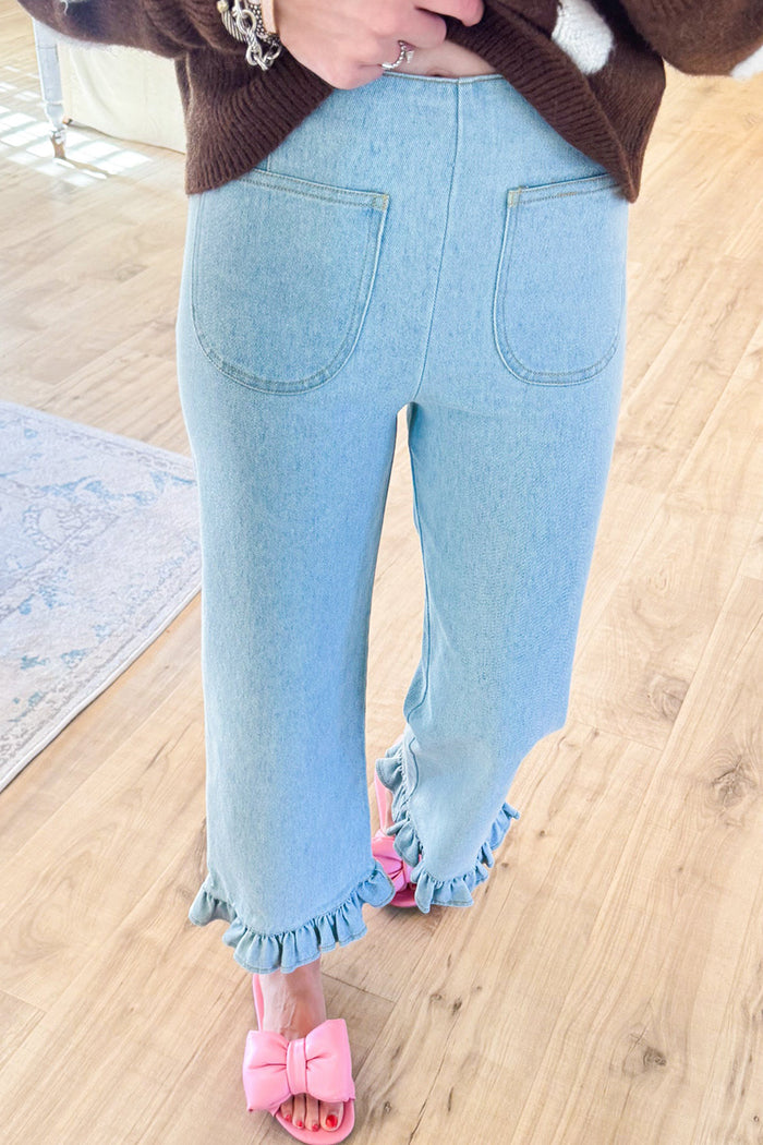 Light Denim Ruffle Hem Pocket Pants
