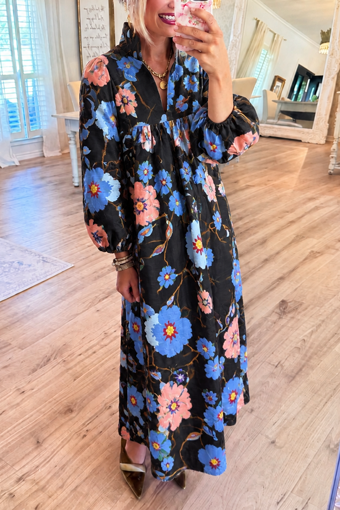 Floral Stand Collar Pocket Maxi Dress