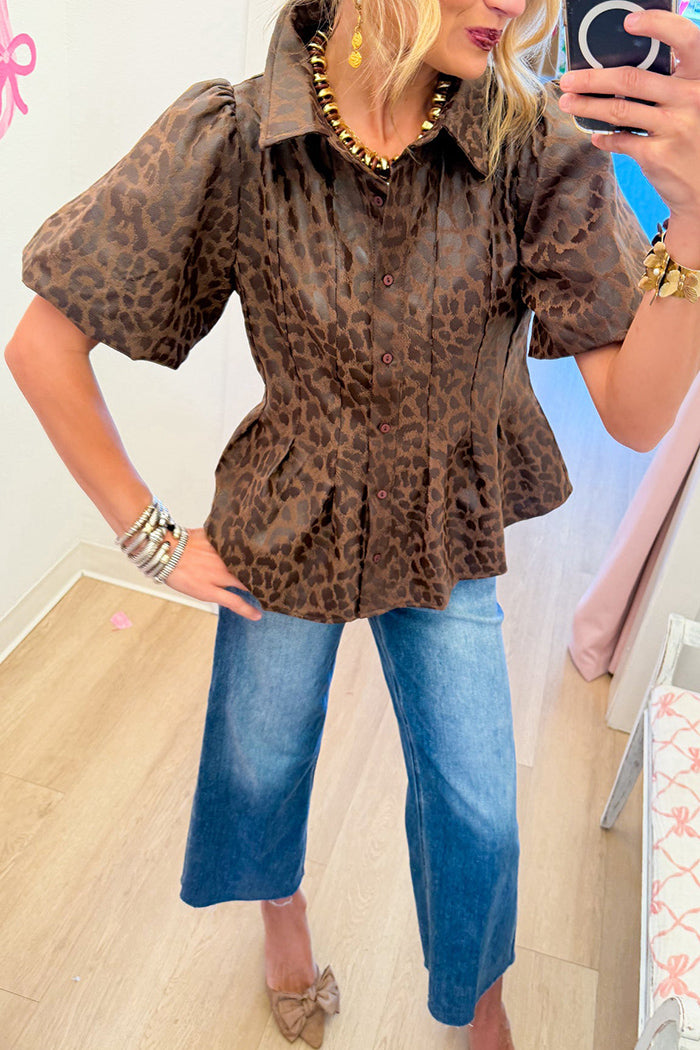 Brown Leopard Faux Leather Pockets Top