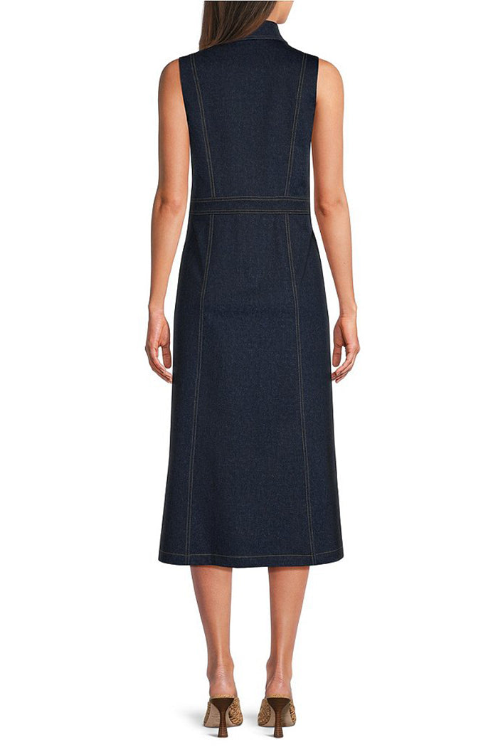 Sleeveless Button Front Denim Midi Shirt Dress