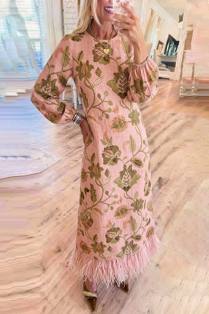 Vintage Botanical Floral Round Neck Balloon Sleeve Fringe Hem Maxi Dress