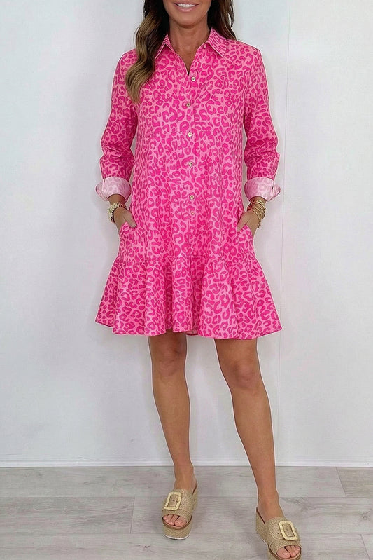 Leopard Ruffle Hem Pocket Shirt Dress