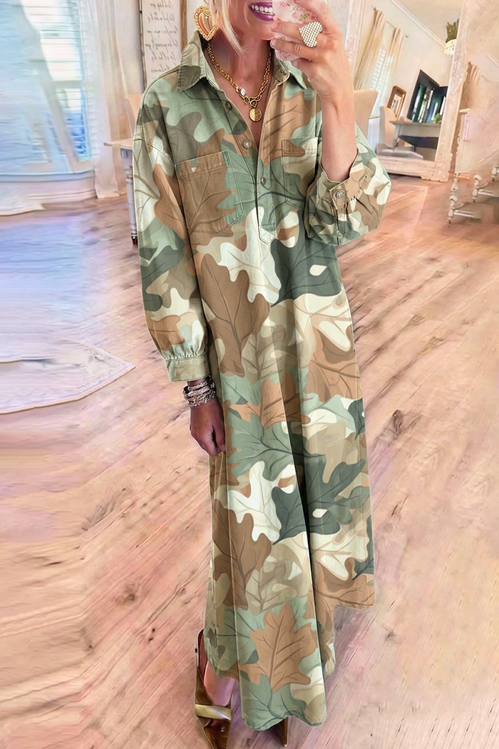 Leaf Print Sage Denim Collared Puff Sleeve Chest Pocket Maxi Dress