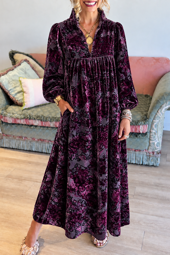 Floral Velvet Stand Collar Pockets Maxi Dress