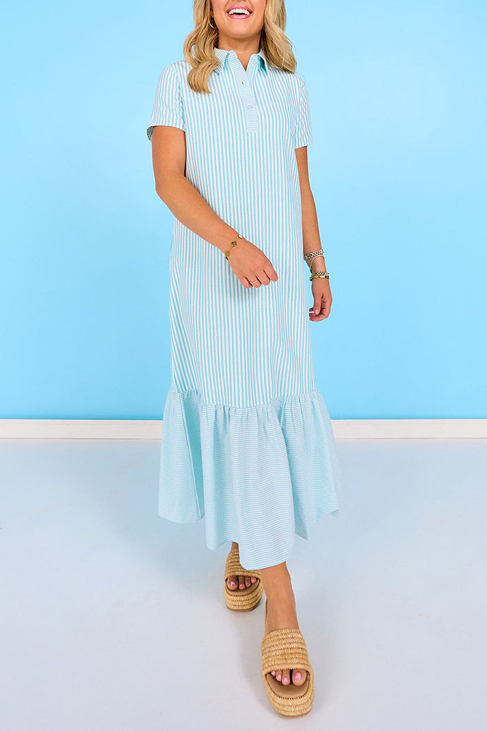 Mixed Stripe Collared Short Sleeve Tiered Maxi Dress