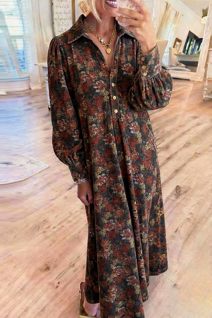 Corduroy Floral Collared Half Button Pockets Balloon Sleeve Maxi Dress