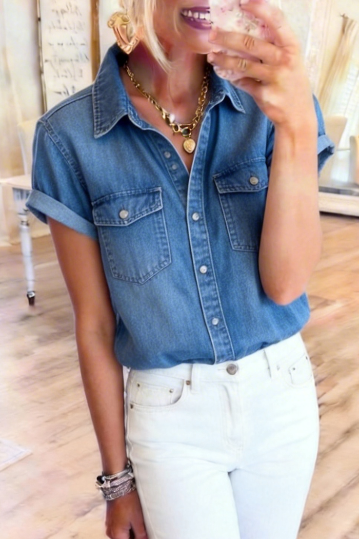 Button Front Double Patch Pocket Denim Top