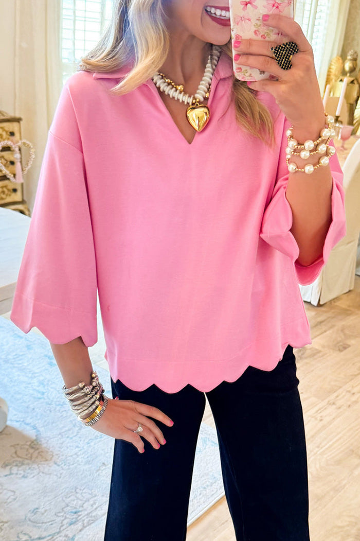 Flare Sleeve Scalloped Top