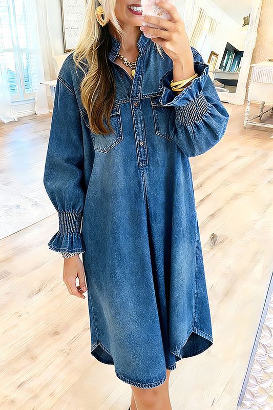 Flap Pocket Smocked Cuff Denim Dress