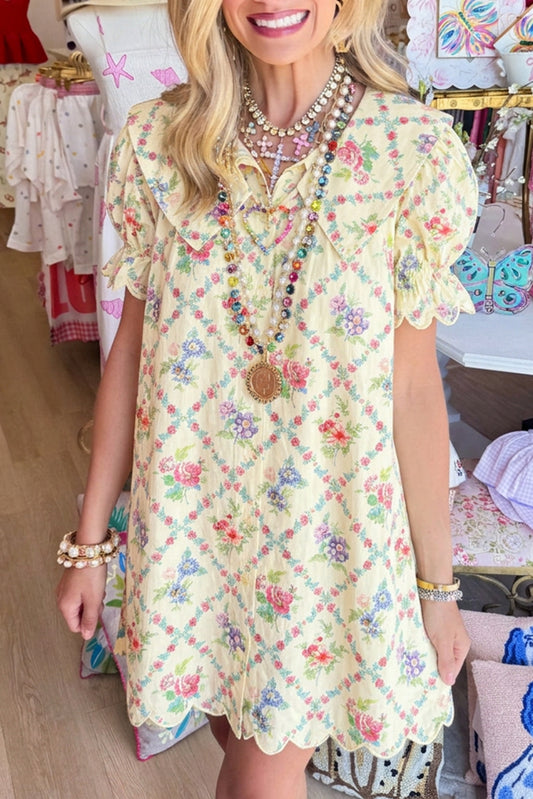 Scallop Hem Floral Puff Sleeve Button Dress
