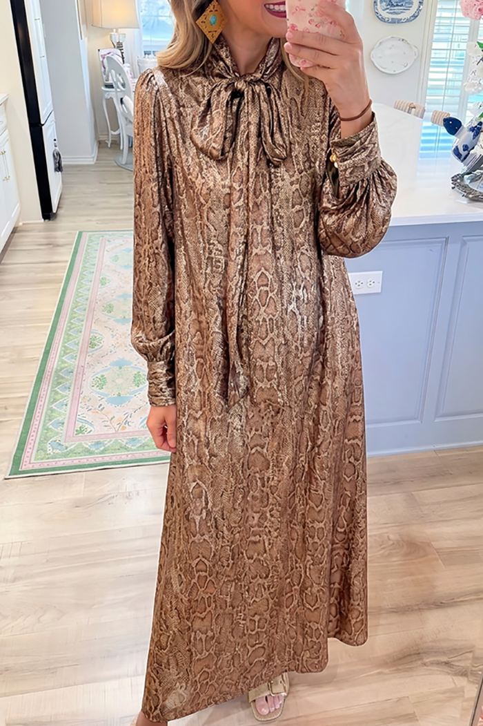 Neck Bow Snake Print Balloon Sleeve Maxi Dress