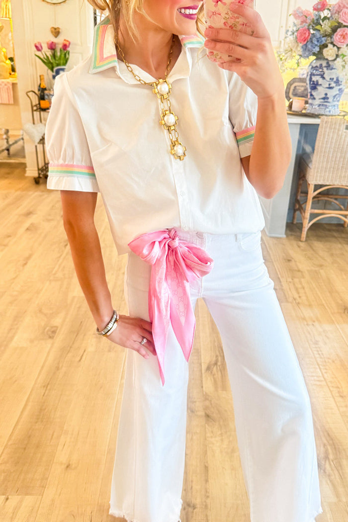 Short Sleeve Rainbow Trim Button Up Top