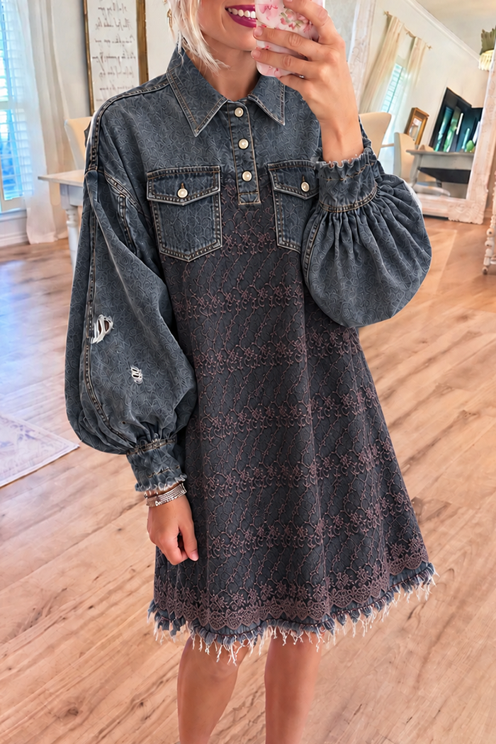 Balloon Sleeve Distressed Fringe Hem Lace Denim Dress