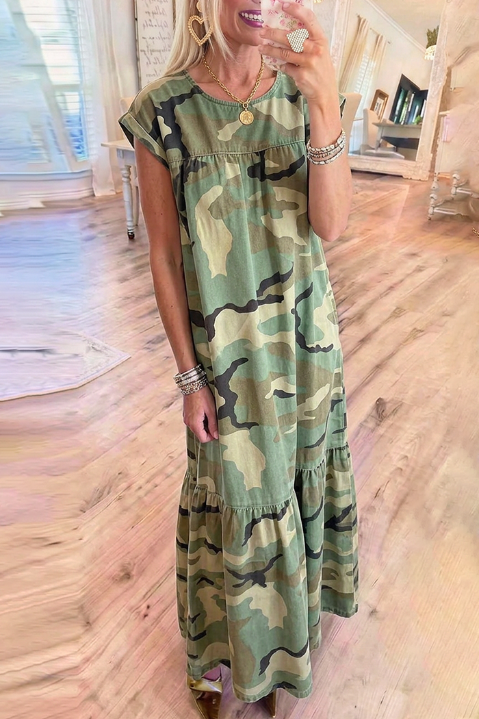 Camo Cap Sleeve Tiered Maxi Dress