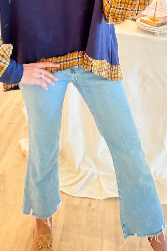 Light Blue Denim Flare Frayed Hem Pants