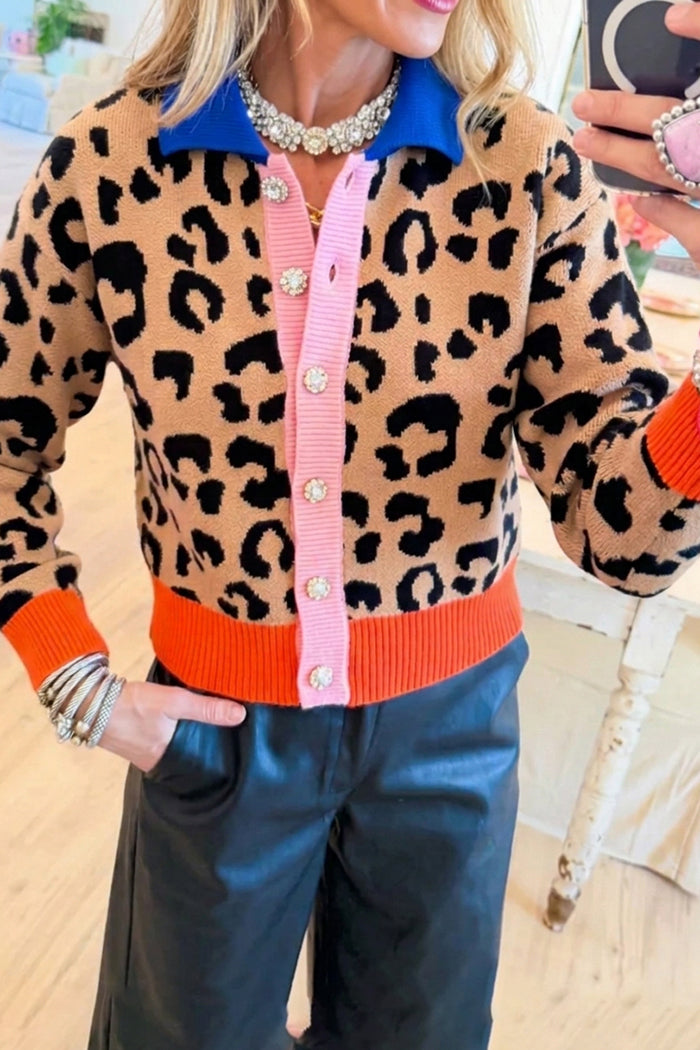 Leopard Knit Rhinestone Button Sweater
