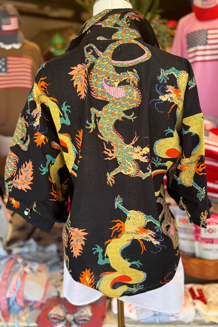 Casual Button Front Dragon Print Top