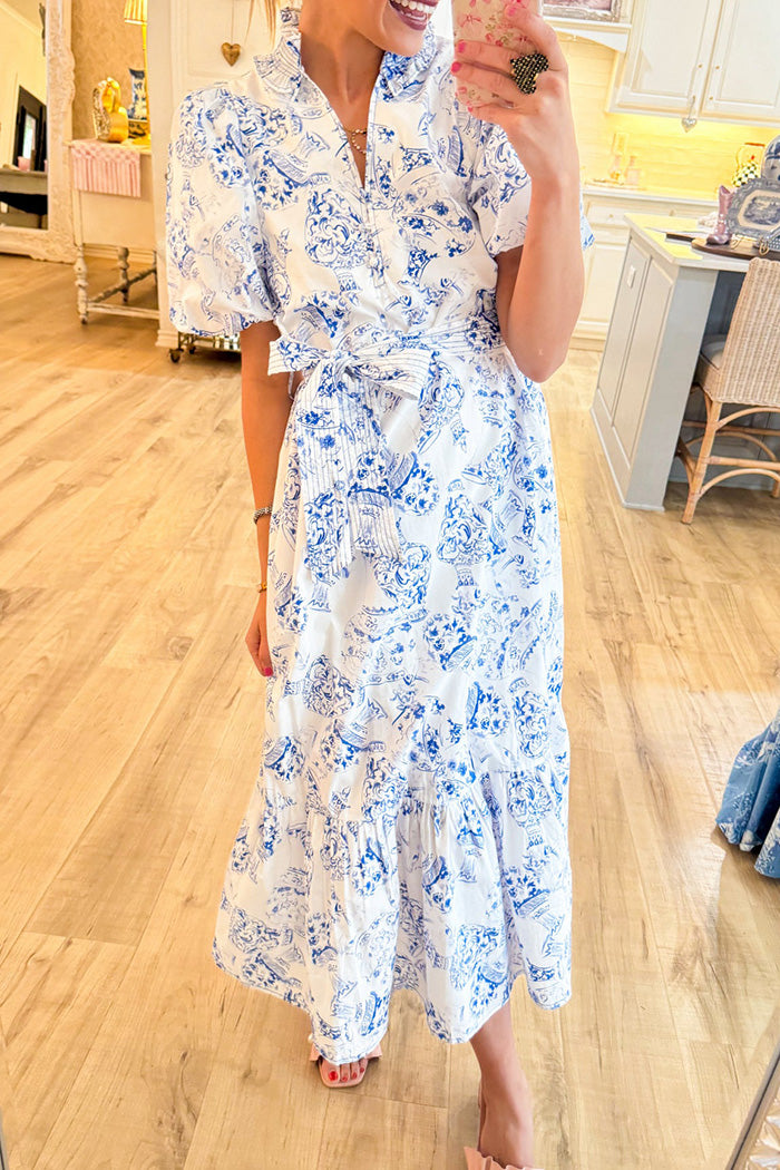 Short Puff Sleeve Printed Midi Dress