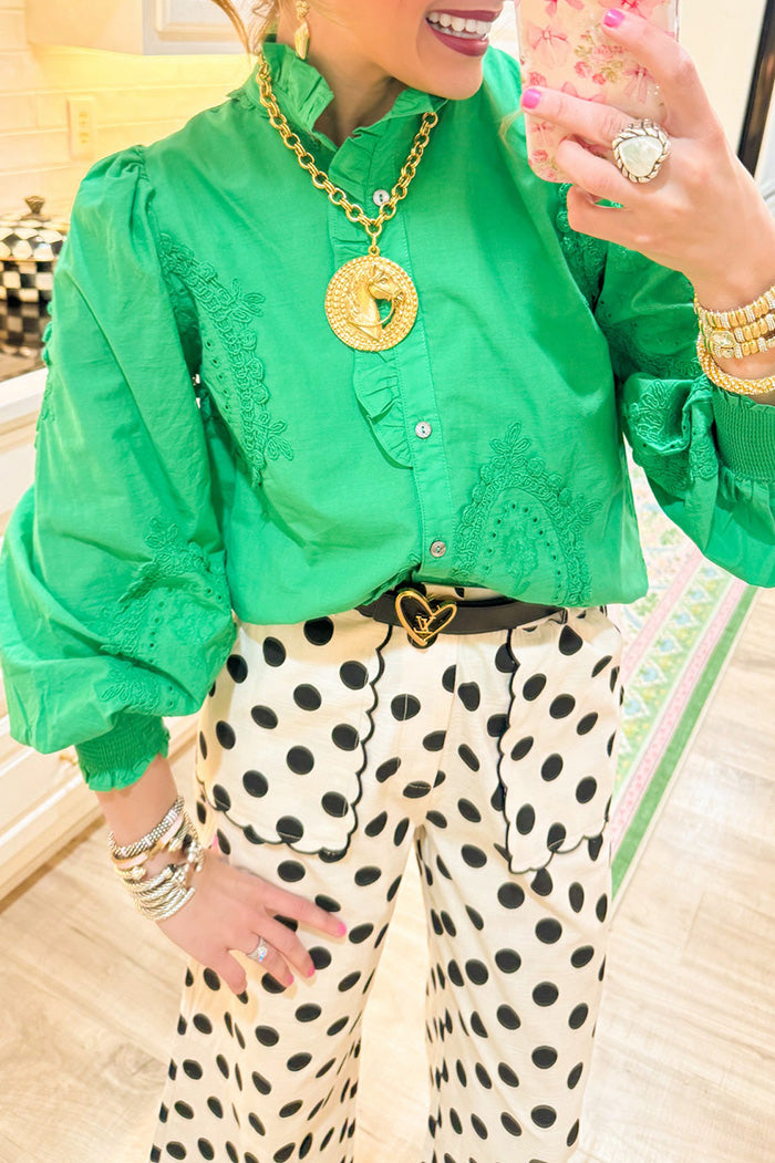 Ruffle Neck Embroidered Button Up Top
