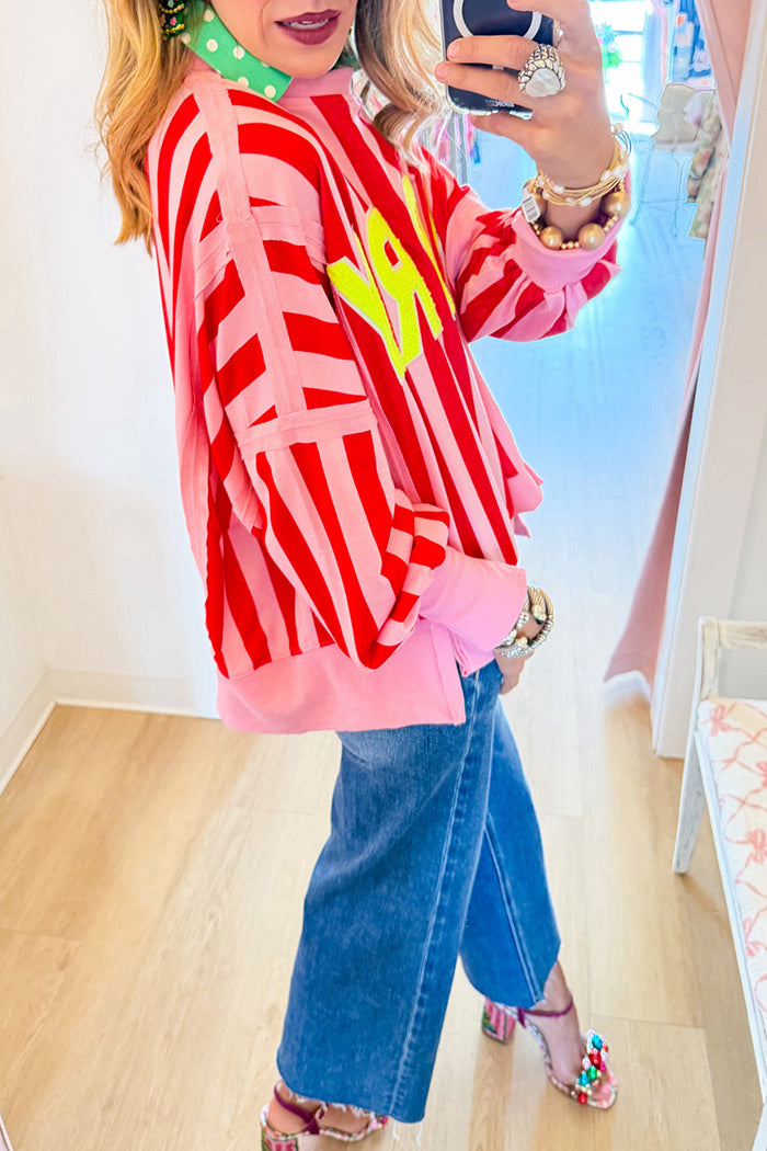 Red Pink Stripe Embroidered Sweatshirt