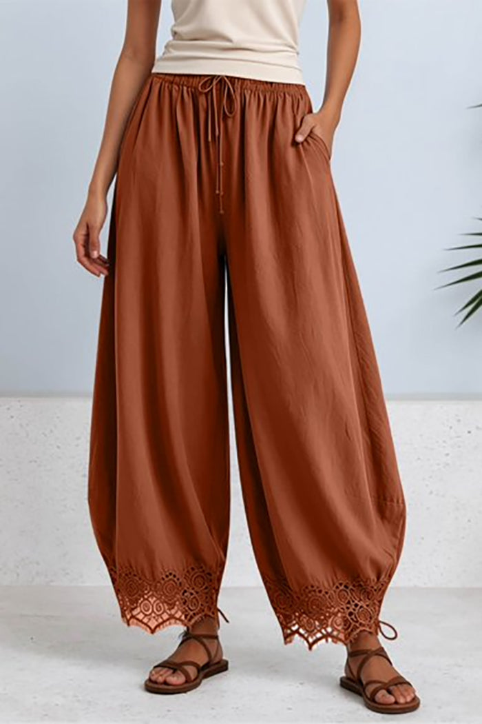 Drawstring Trimmed Hemmed Cropped Wide Leg Pants