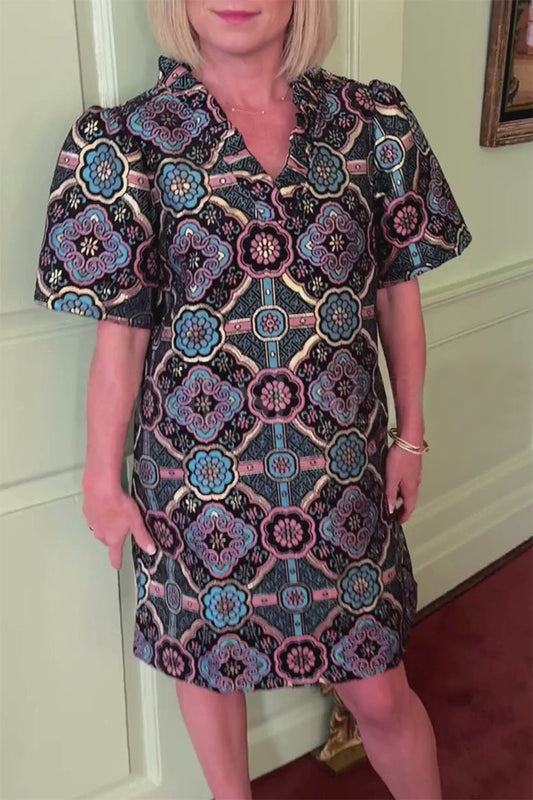 V-Neck Short Sleeves Print Dress