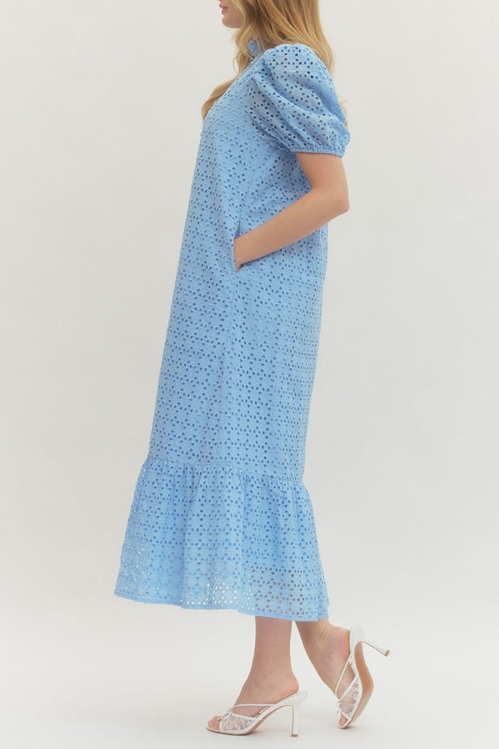 Puff Sleeve Ruffle Eyelet Midi Dress