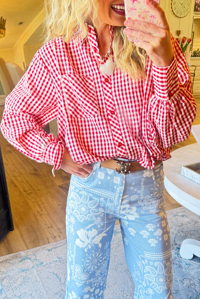 Gingham Long Sleeve Button Up Top