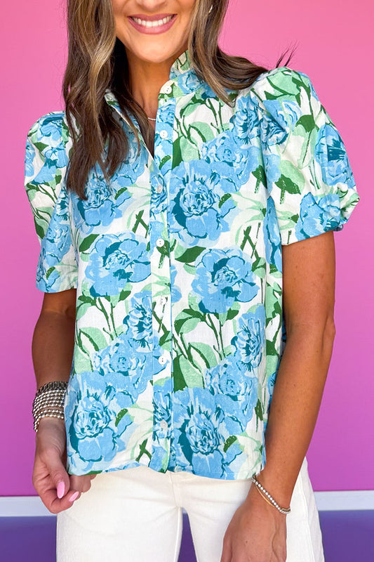 Floral Frill Neck Puff Sleeve Top