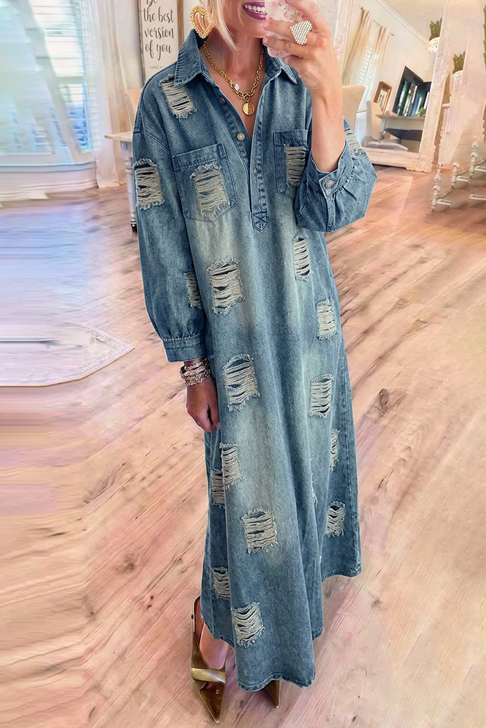Denim Ripped Collared Pocket Balloon Sleeve Maxi Dress