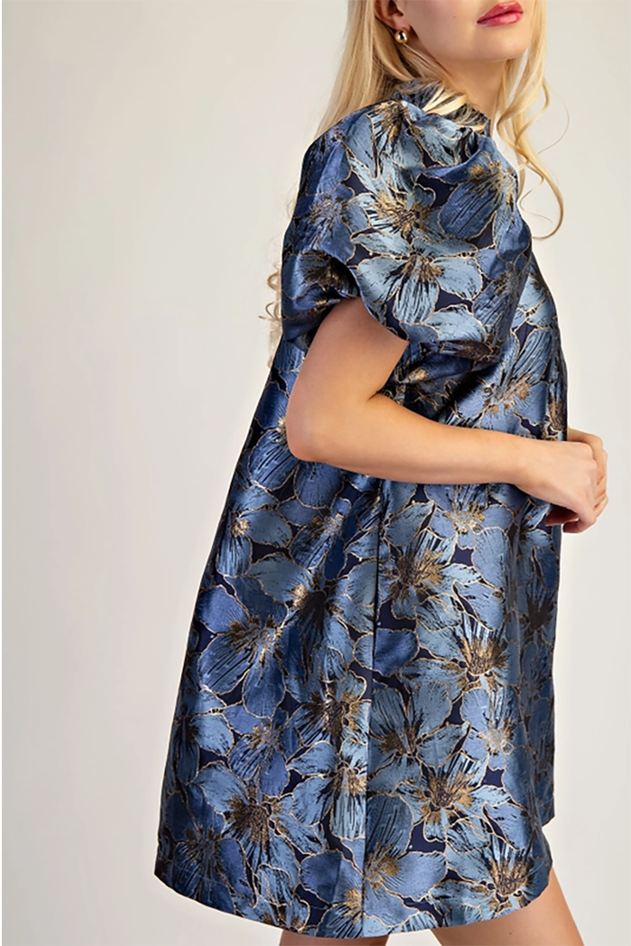 Ruffled Neck Puff Sleeve Pocket Jacquard Dress