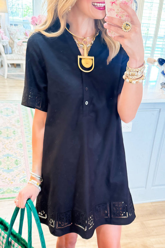 Short Sleeve Eyelet Cutwork Pocketed Dress
