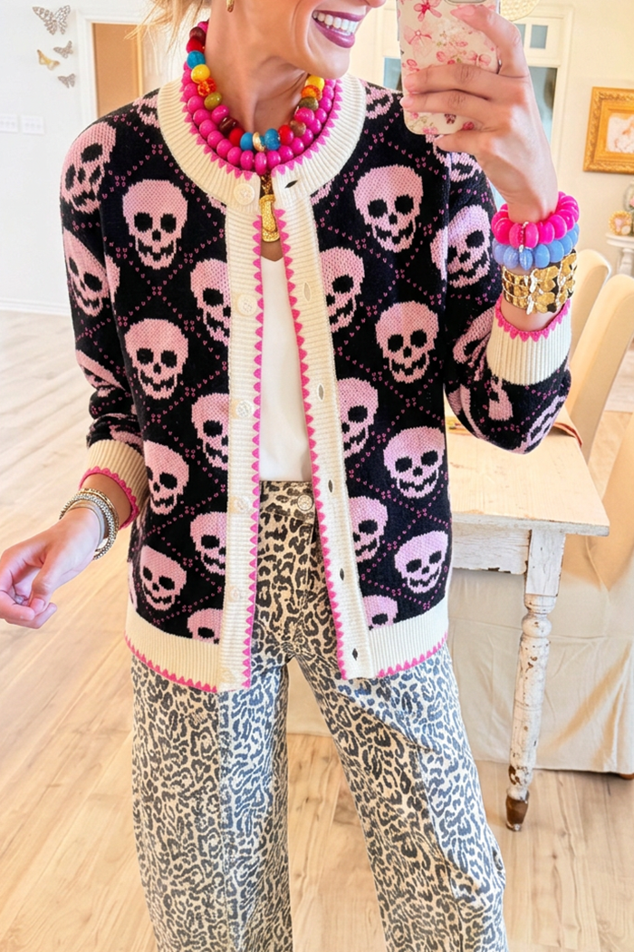 Skull Jacquard Button Front Knit Cardigan