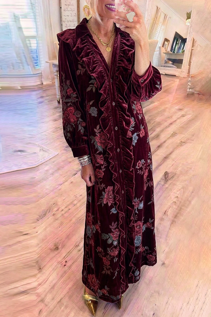 Burgundy Velvet Button Ruffle Placket Vintage Floral Maxi Dress