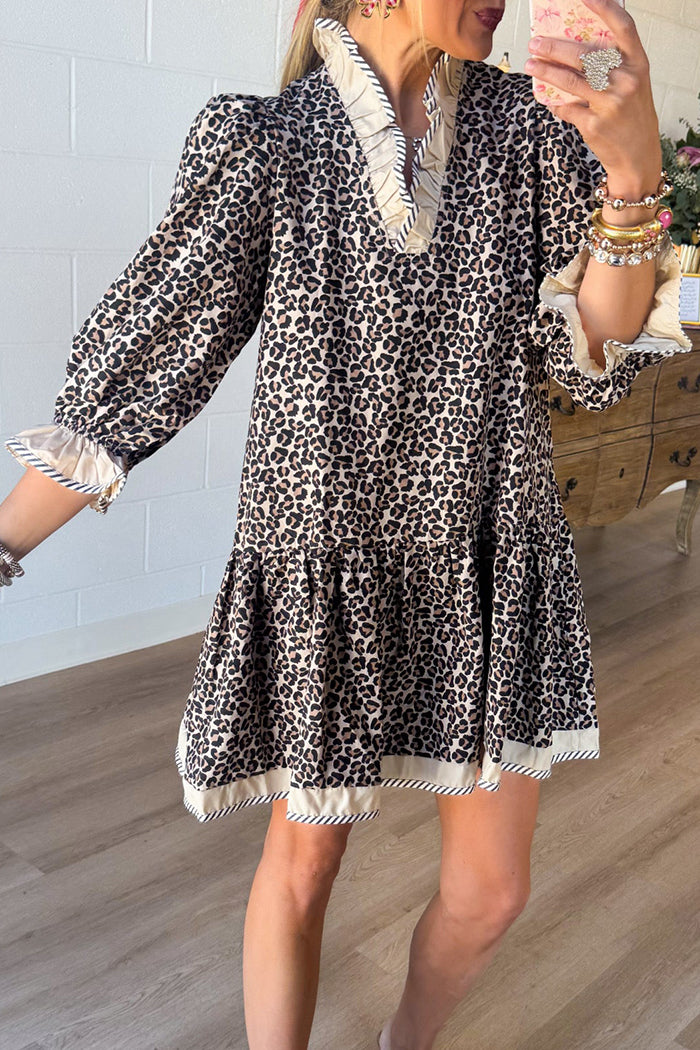 Leopard Ruffle Neck Pocket Dress