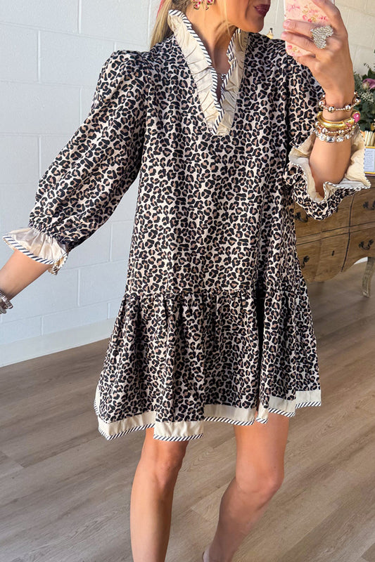 Leopard Ruffle Neck Pocket Dress