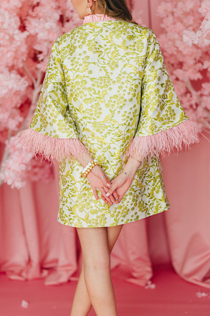 Feather-Trimmed Printed Dress