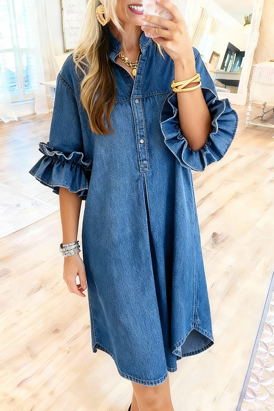 Double Ruffle Sleeve Denim Dress