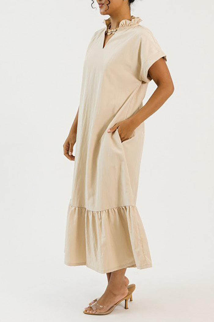 Cuffed Sleeve Ruffle Hem Pocket Midi Dress