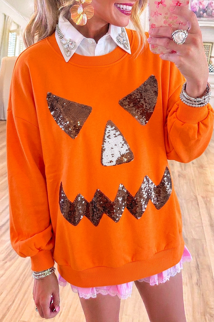 Pumpkin Face Sequin Motif Long Sleeve Crew Neck Sweatshirt
