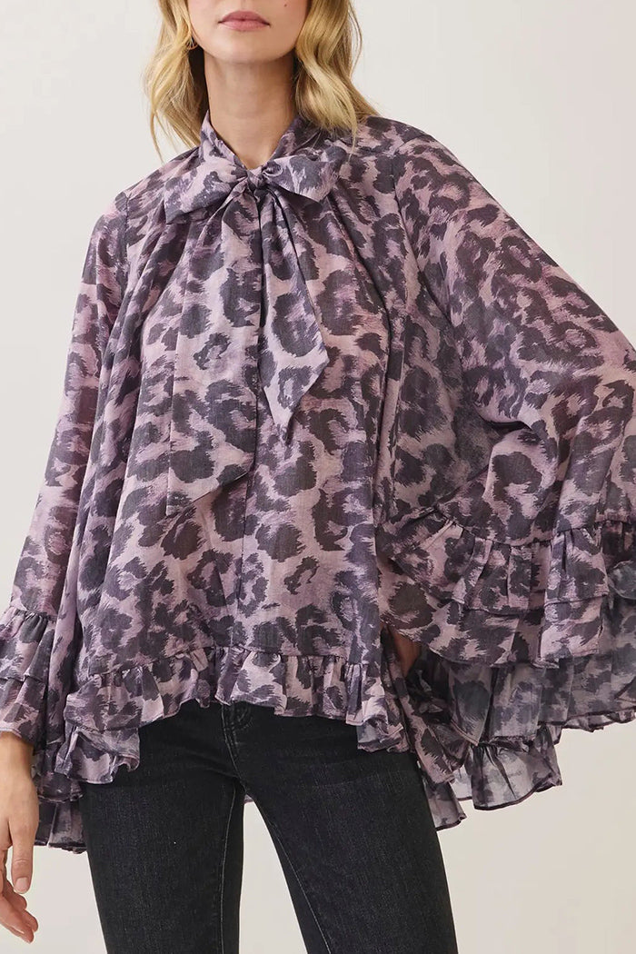 Leopard Ruffle Tie Neck Top