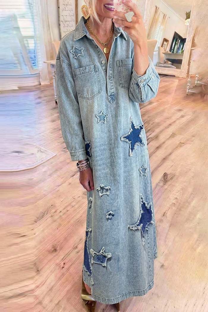 Wash Denim Star Patchwork Maxi Shirt Dress